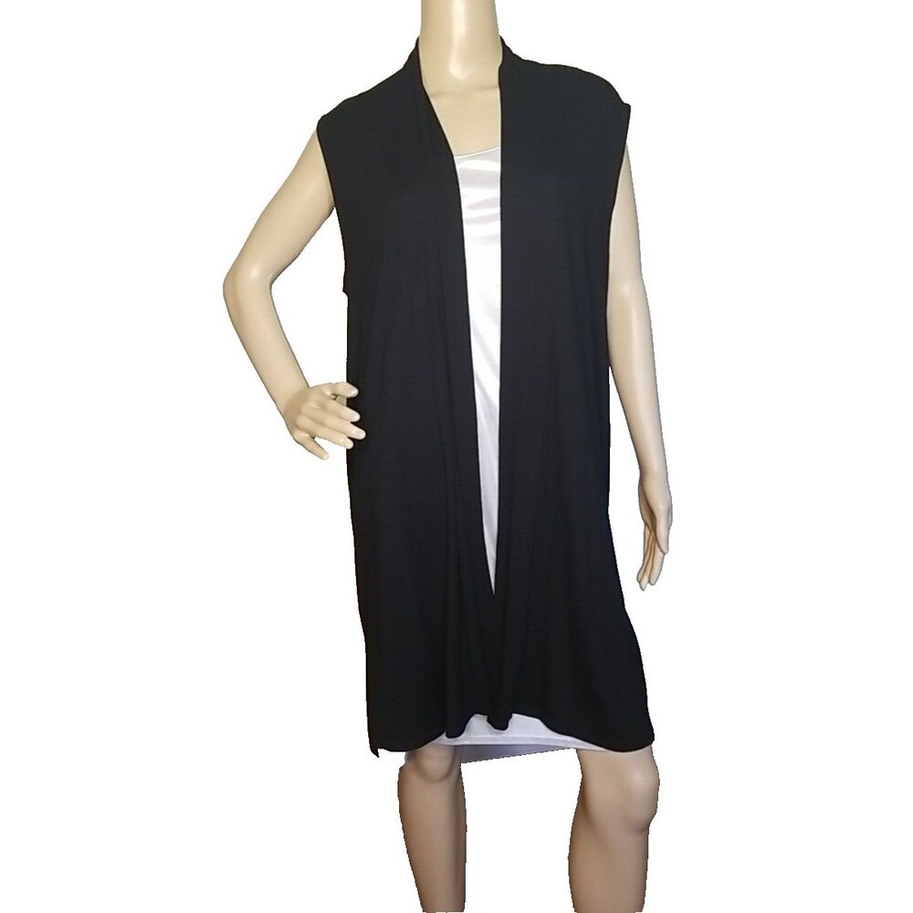 Eileen Fisher Deep Black Long Drape Relaxed Jersey Open Vest Small Oversized T44